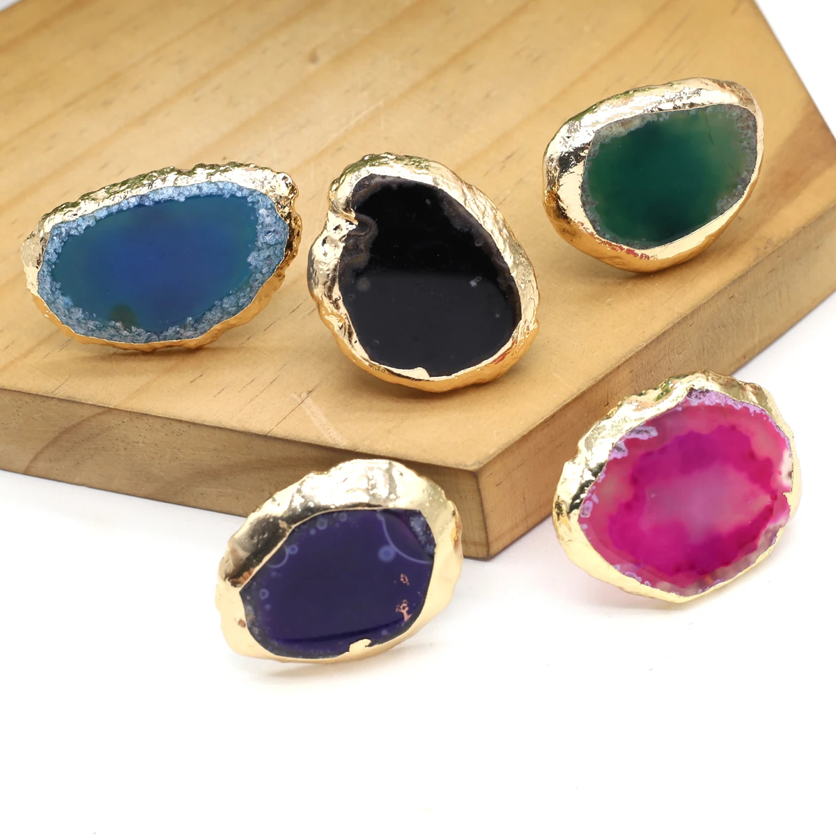 Colorful Irregular Geode Natural Stone Agate Slices Wide Open Ring for Women Boho Resizable Finger Jewelry Gift