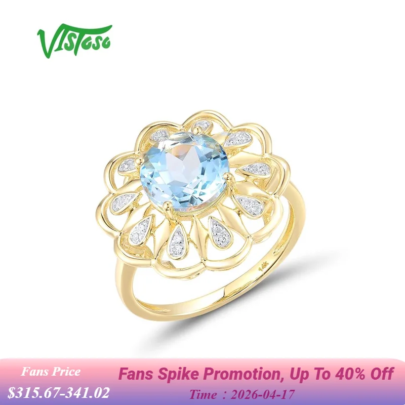 

VISTOSO Genuine 14K 585 Yellow Gold Ring For Women Sparkling Blue Topaz Diamond Flower Ring Luxury Glamorous Gift Fine Jewelry