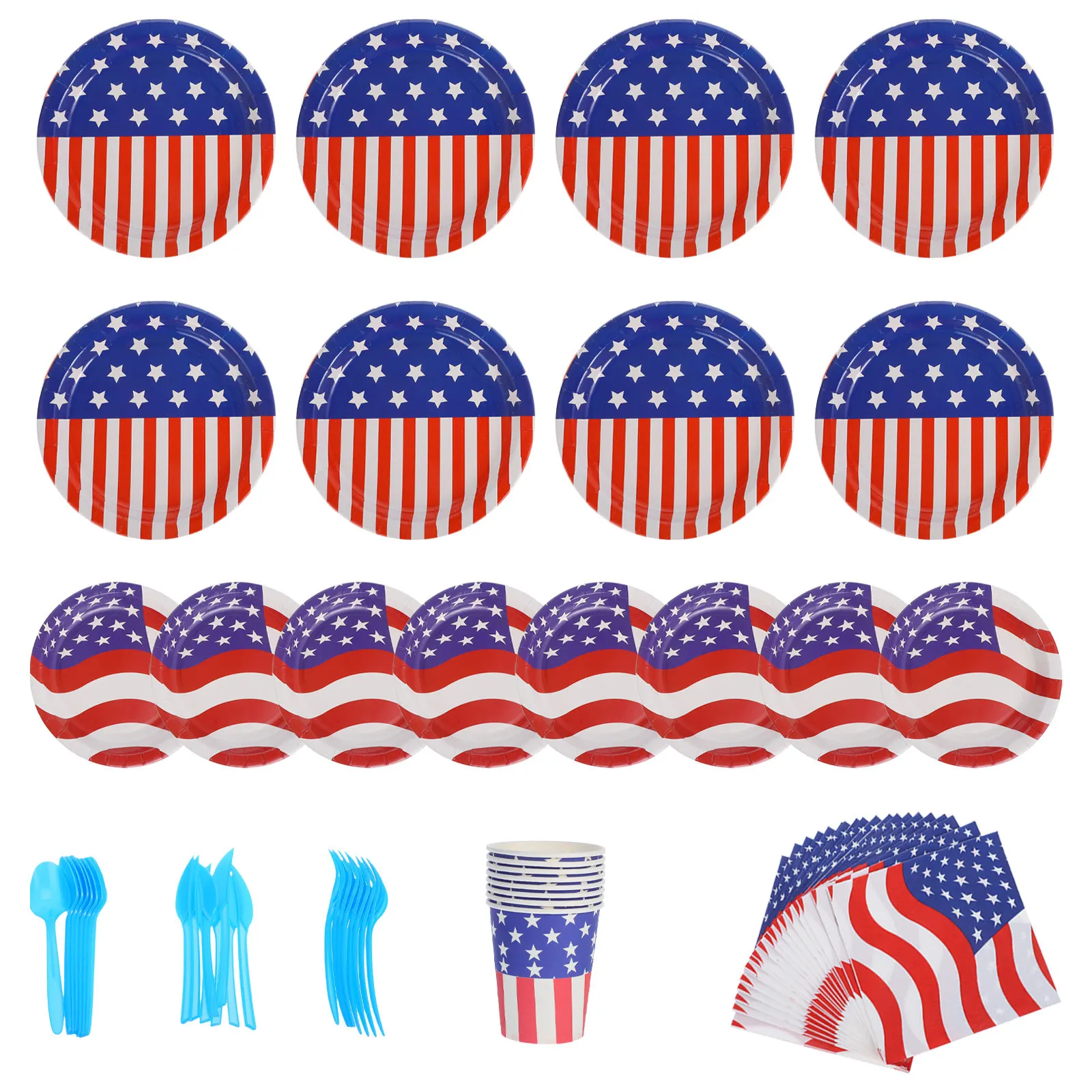 68Pcs Paper Plate Cup Napkin Cutlery Set American Flag Theme Eco Friendly Disposable Party Supplies for Festivals Photo Shoots