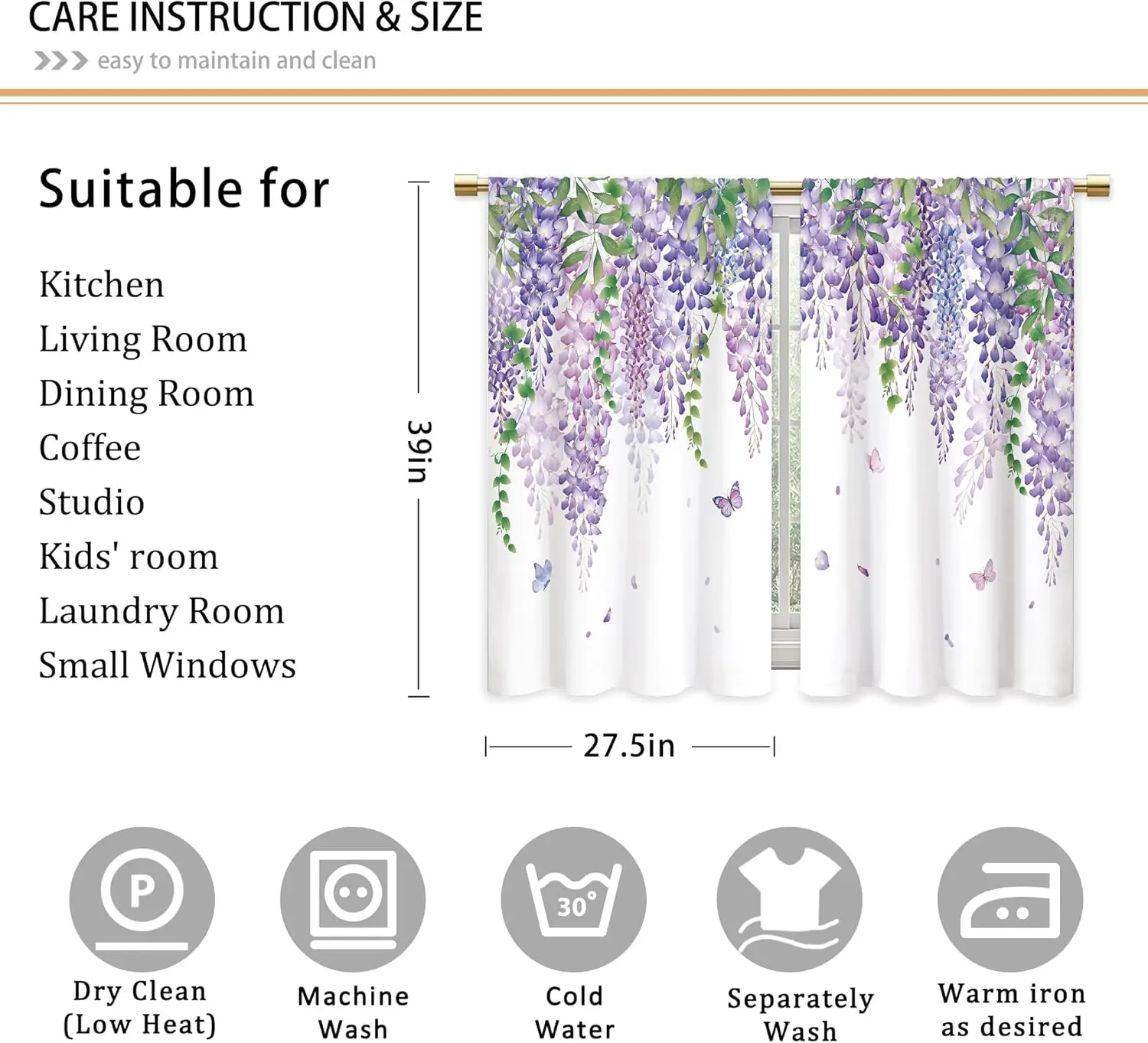 Beautiful Purple Floral Wisteria Pattern Curtain 2pcs Window Panels for Living Room Bedroom Home Decor Design