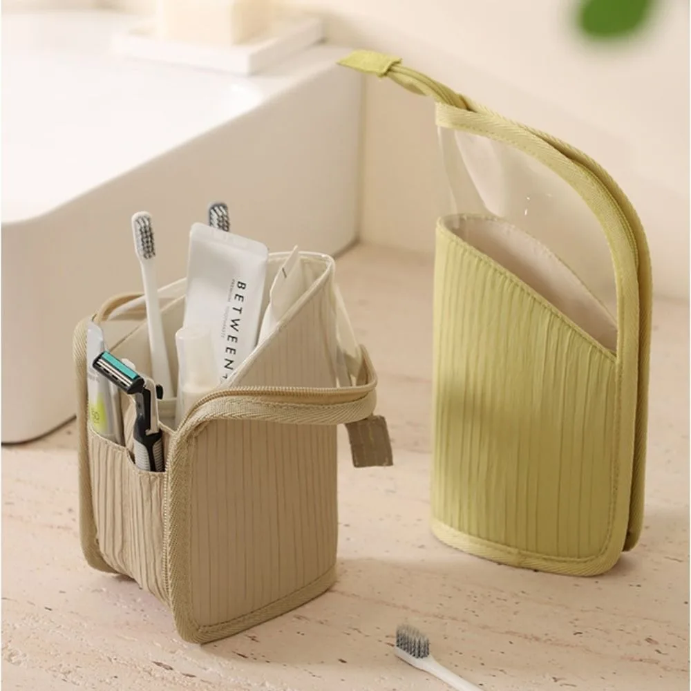 Multifunctional Makeup Bag Semi Transparent Portable Toiletry Organizer Standing Zipper Closure Makeup Brush Organizer
