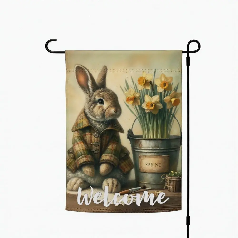 Travel Fanatics Welcome Spring Bunny Garden Flag 12 x 17 Inch Decorative Outdoor Yard Flag with Pole Hem YYQ GGO
