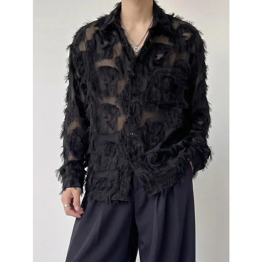 Men 3D Fabric Tassels Splice Translucent Mesh Loose Casual Long Sleeve Vintage Party Dress Shirts Blouse Stage Clothes