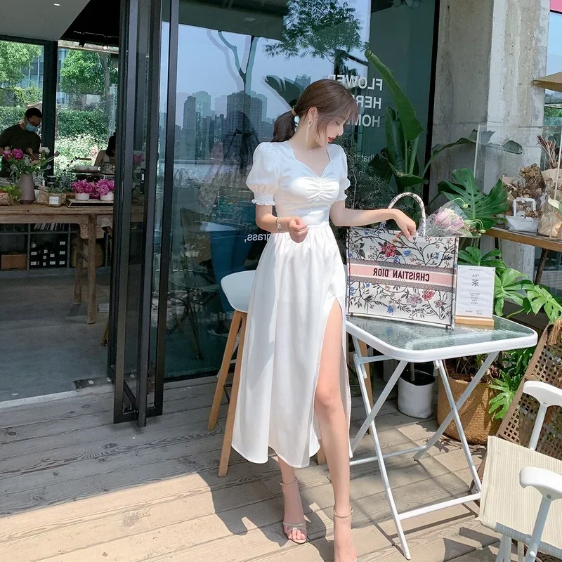 Women Summer Sexy White Puff Sleeve Slim White Dress New Fairy Satin V-neck Side Slit Elegant Sweet Long Cottagecore Dresses