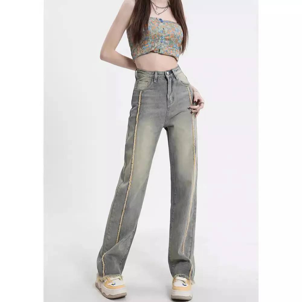 Diseño sentido nicho jeans mujer novedad de verano cintura alta recta suelta americana delgada retro pantalones de pierna ancha ropa de primavera