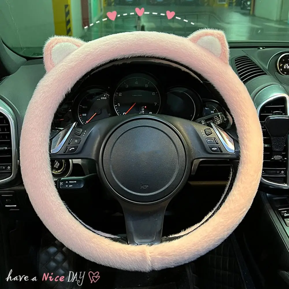 Pink Fluffy Steering Wheel Cover For Women Cute Cat Ears Plush Handle Cover Cartoon Steering-Wheel Case Universal