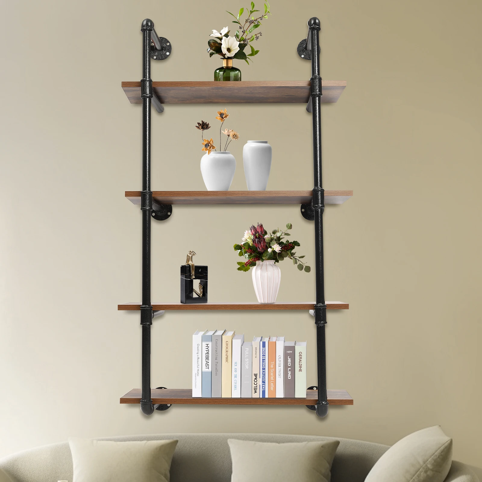 

Industrial Pipe Shelving Wall Mount, 4-Tier Hanging Shelf, Black and Brown Steel Pipe and Wooden Board, Sturdy and Stylish for