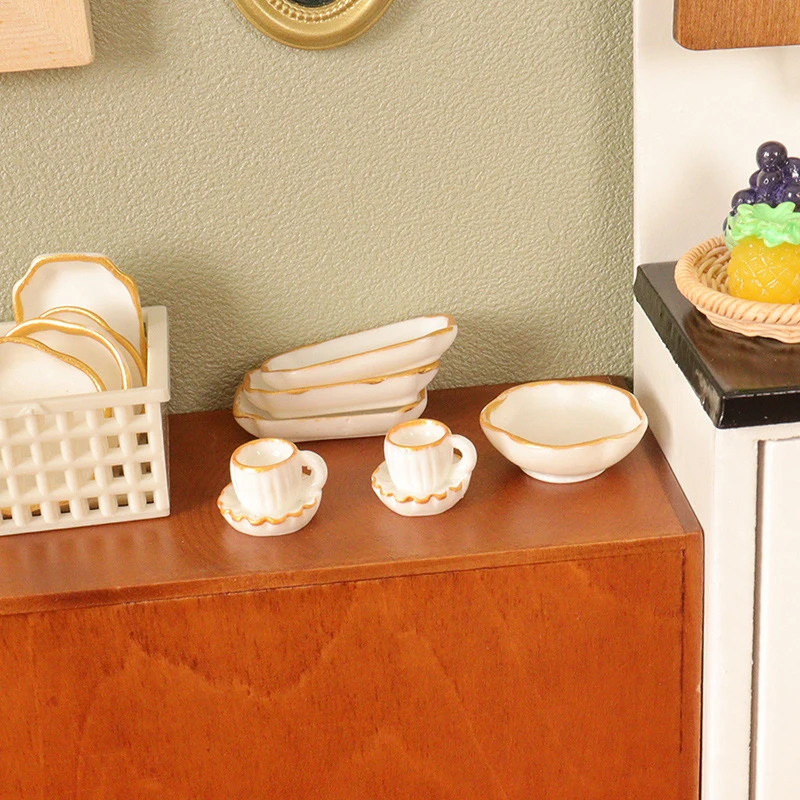 Xm 1 Zestaw Dekoracyjnych Akcesoriów do Domku dla Lalek 1:12, Mini Talerzyki, Filiżanki do Kawy, Tace, Miski, Naczynia Kuchenne, Model Zastawy Stołowej