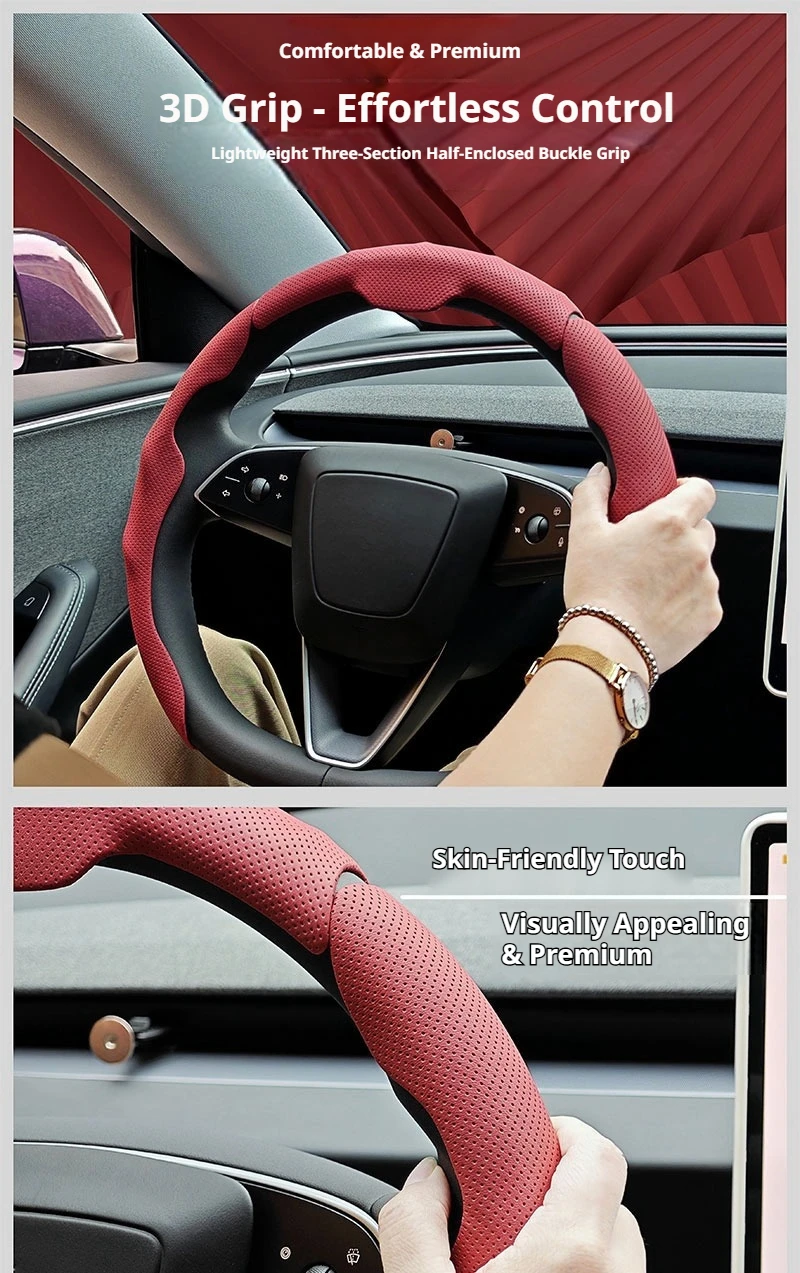 SEAMETAL 3-teiliger Lenkradbezug aus Nappaleder, segmentiertes Design, atmungsaktiv, rutschfest, universeller Lenkradschutz für Autos – Detail 1