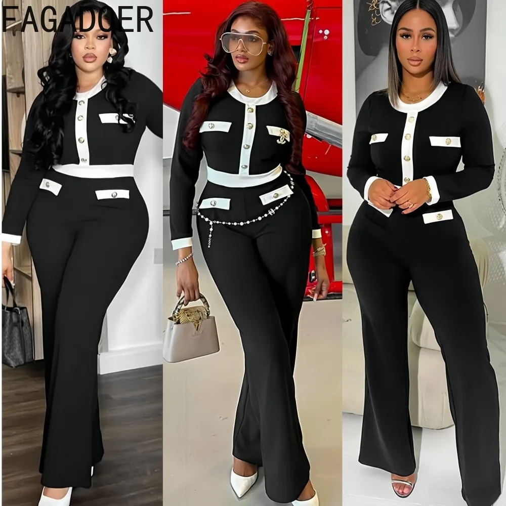 FAGADOER Set Pakaian Wanita Musim Gugur Model Terbaru 2 Potong, Atasan Crop Lengan Panjang Warna Kontras + Celana, Setelan Midnight, Streetwear Wanita