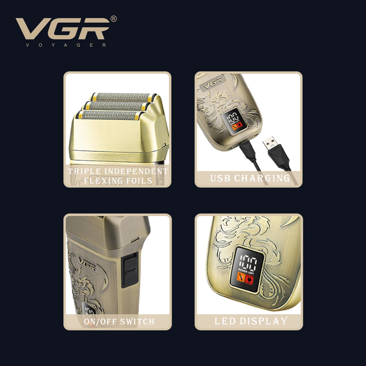 Vgr barbeador de metal retrô com três lâminas, limpeza profunda, corpo em relevo, aparador de cabelo digital inteligente, clareamento de cabelo