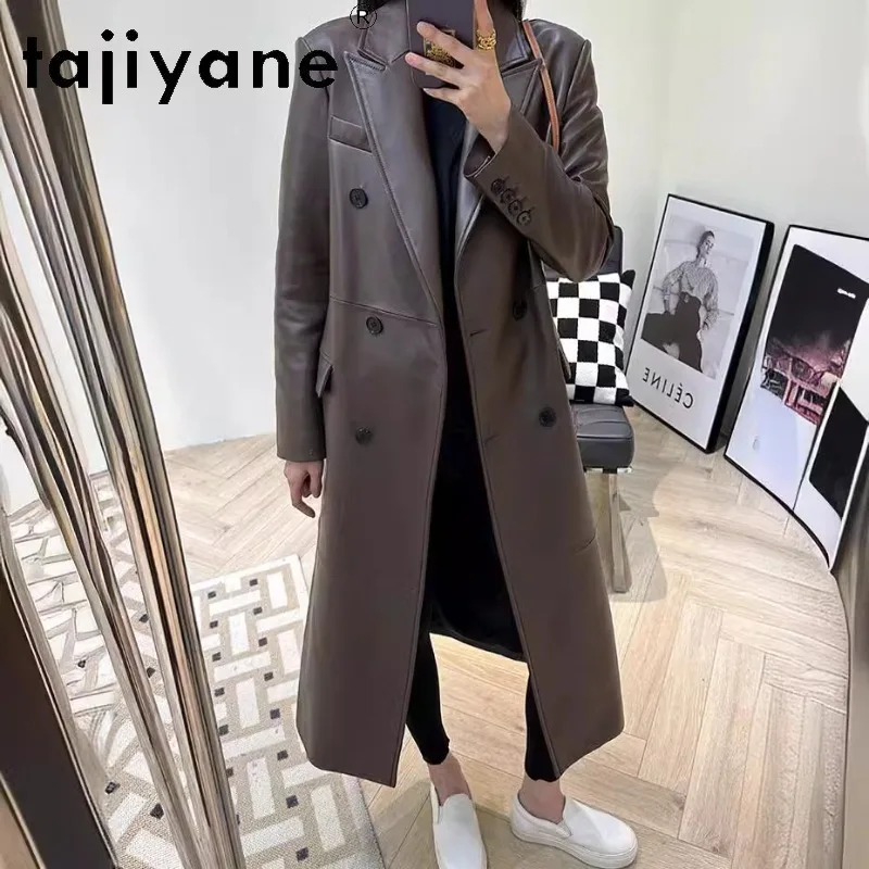 TAJIYANE Sheepskin Long Blazer Trench Coat Genuine Leather Jacket Women Slim Leather Outerwear Double Breasted Jackets Косуха