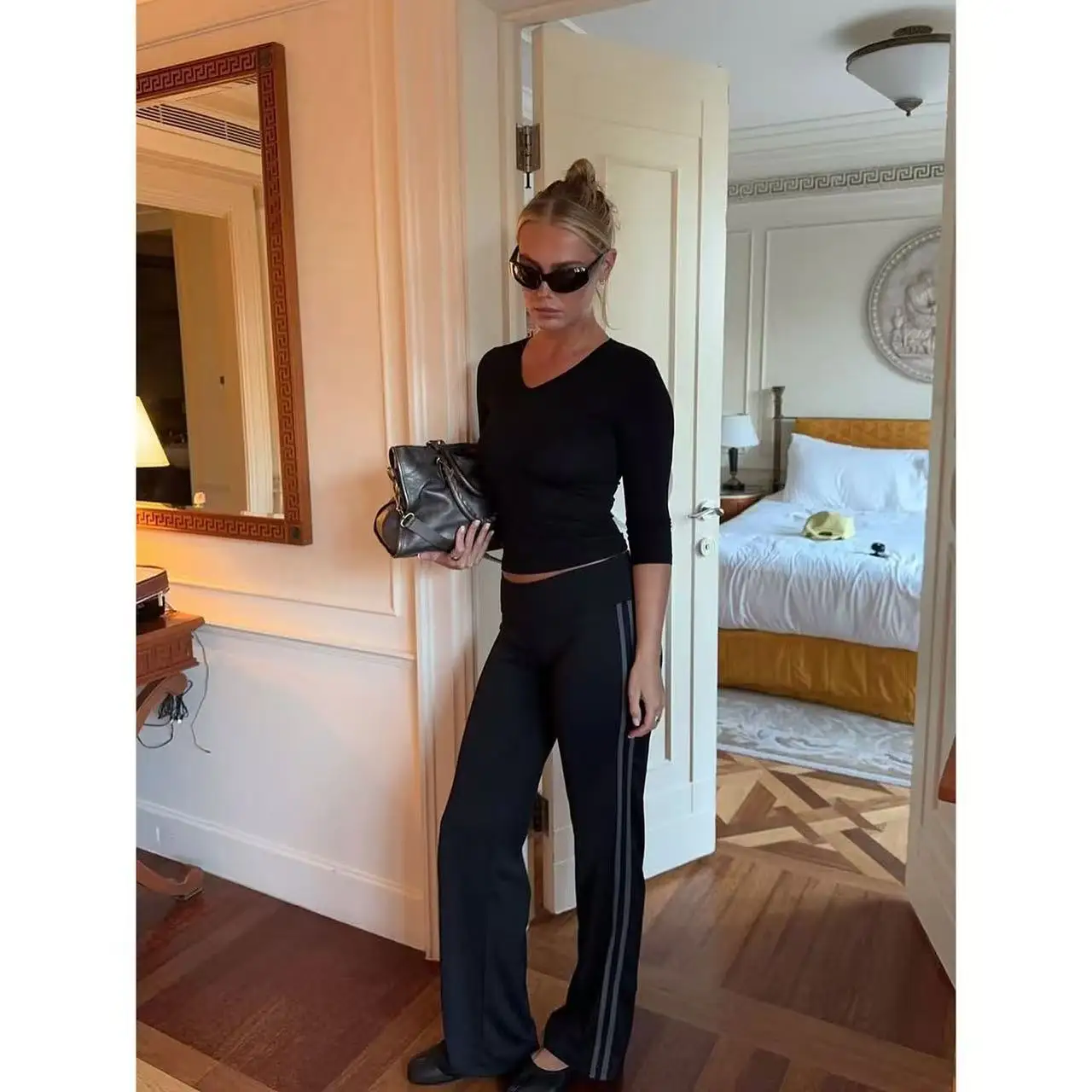 Honey Black Minimalist Low Waist Flared Yoga Pants Side Stripe Patchwork Casual Pants
