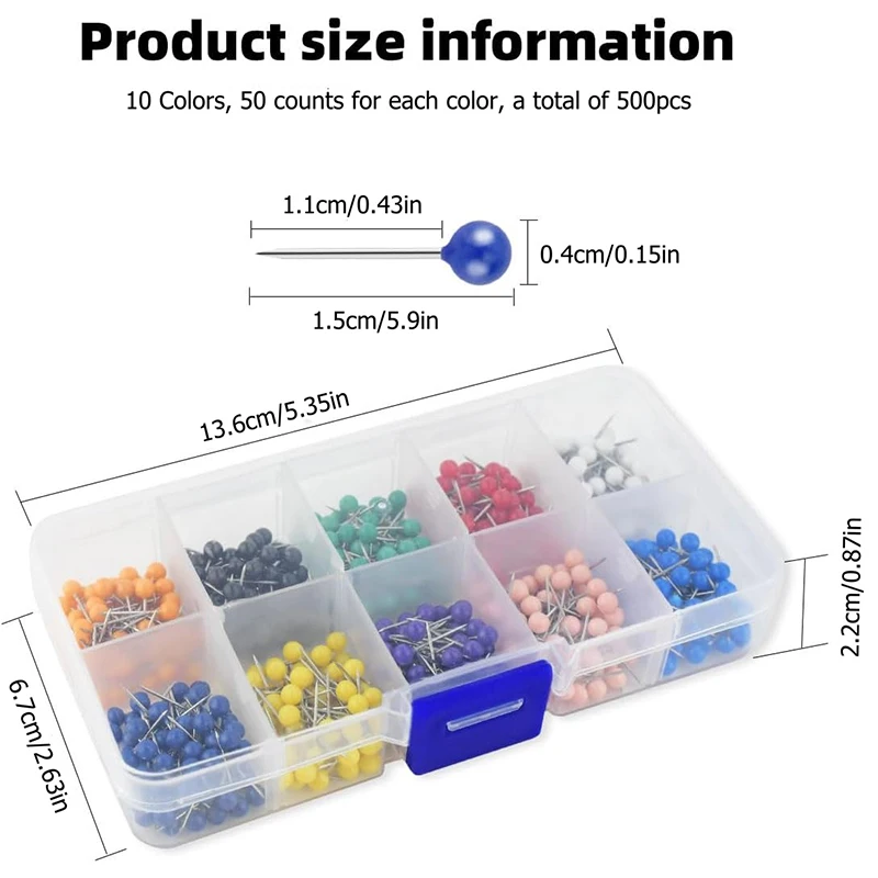 500Pcs/Box Map Tacks Push Pins Plastic Head With Steel Point 15mm Cork Board Safety Colored Thumbtack Office School Supply