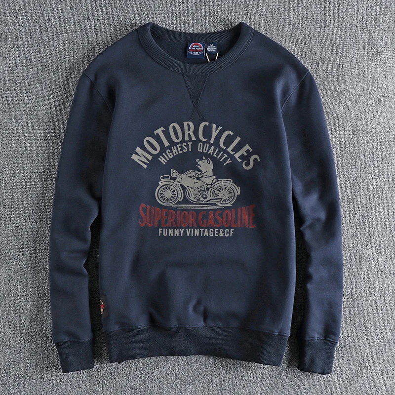 Autumn New American Retro 420g Locomotive Pig Printed Sweatshirt with Velvet Men's Fashion Pure Cotton Loose Pullover Sportwear