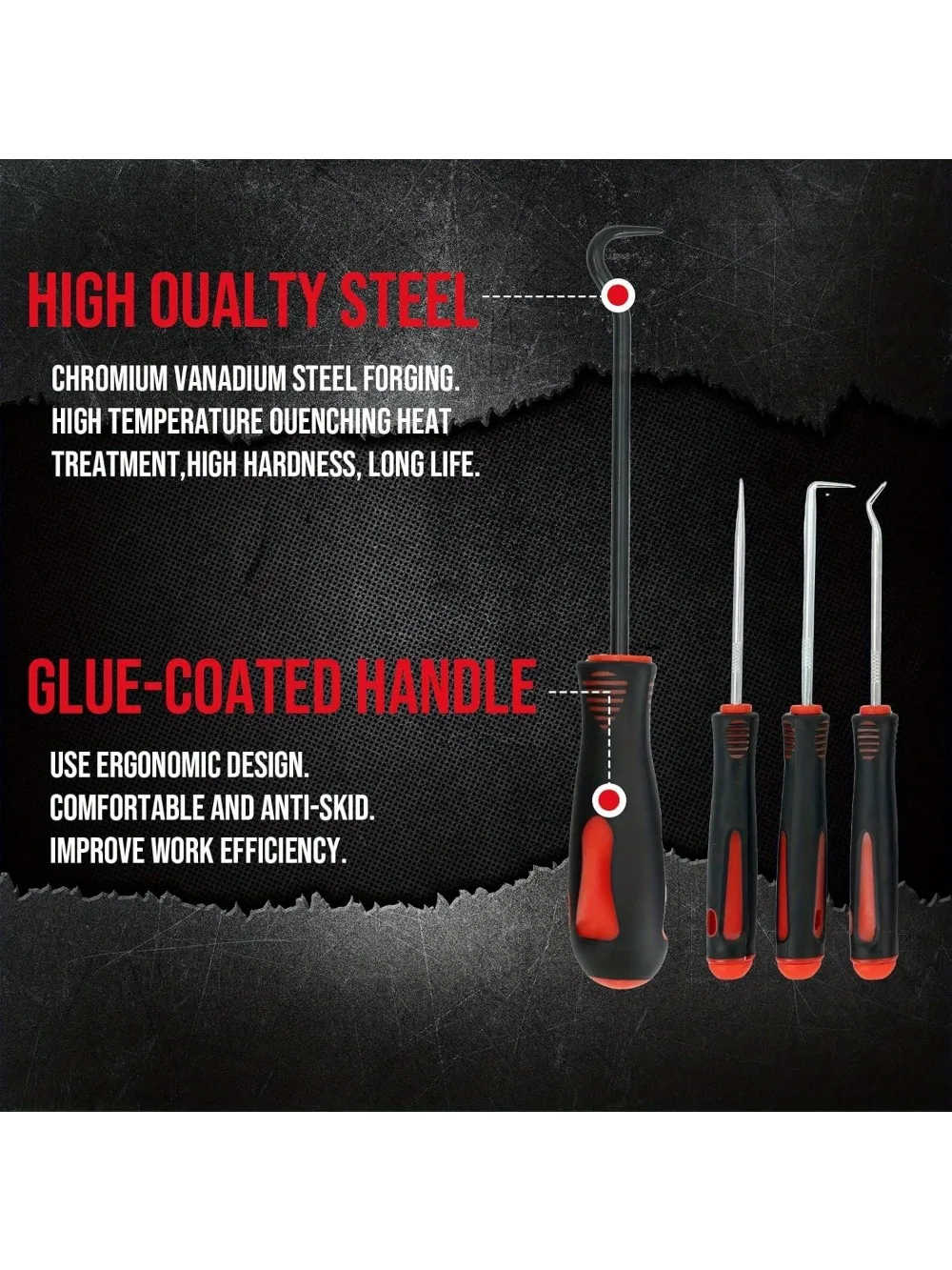 An 11-piece automotive hook and pick tool set, heavy duty, insulated, non-electric, for O-rings, washers and micro parts.