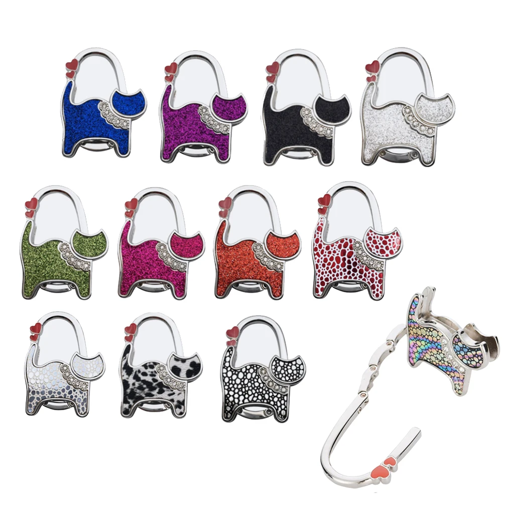 Foldable Handbag Purse Bag Hook Hanger Portable Creative Shining Rhinestone Cat Shaped Bag Holder Organizer