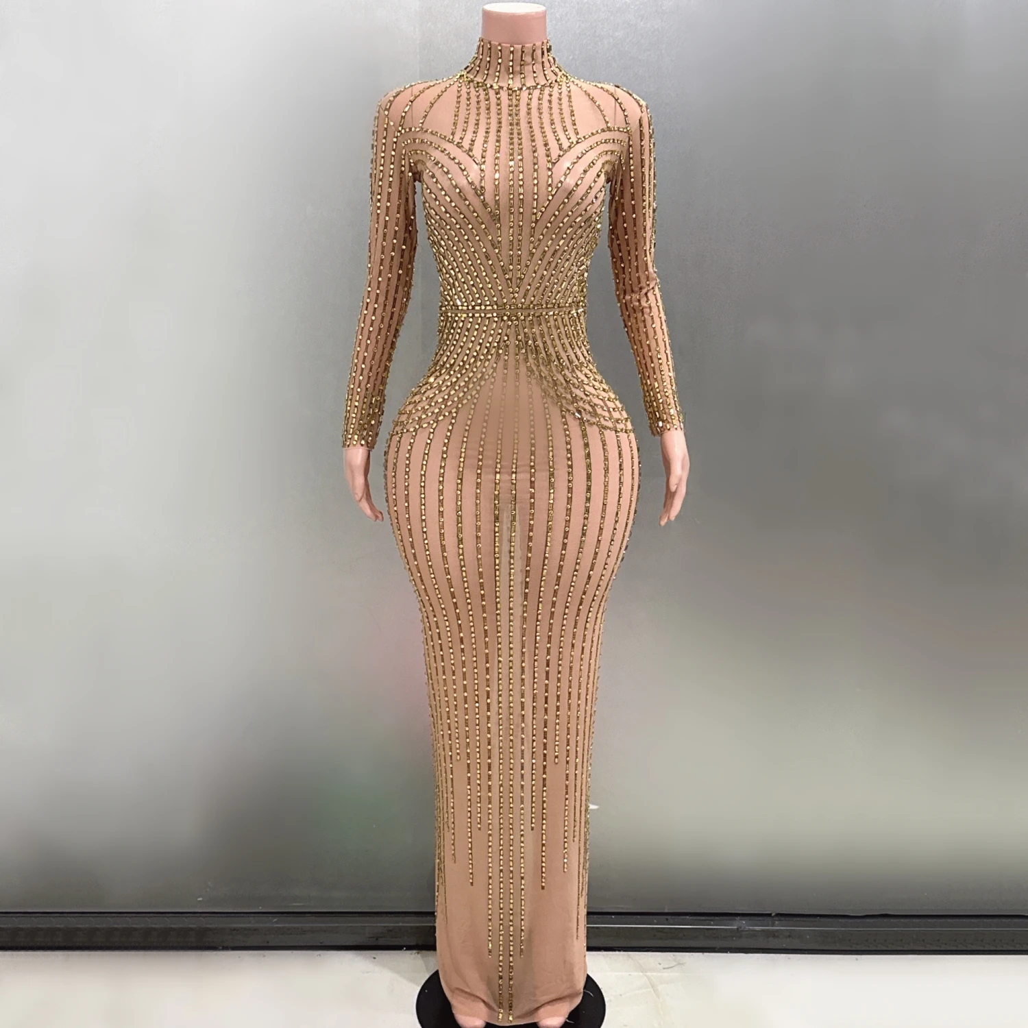 

Luxury Golden Rhinestones Sexy Sheath Dress Evening Party Performance Costume Bar Nightclub Singer Dancer Stage Wear