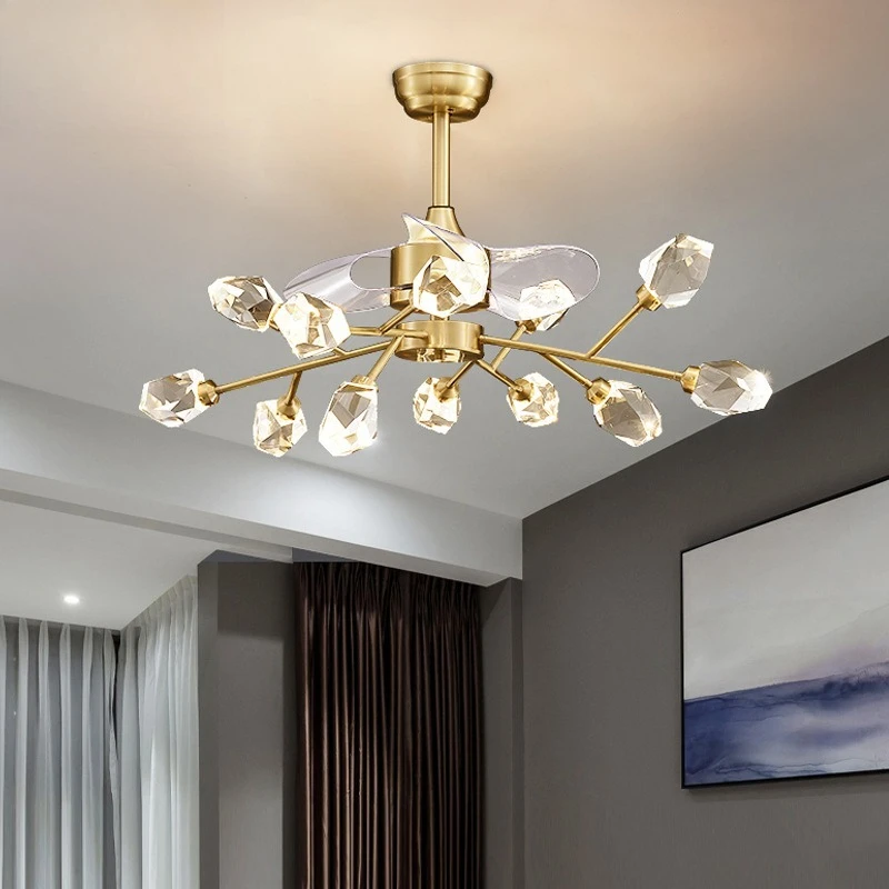 All-copper K9 crystal fan chandelier Nordic simple frequency conversion remote control ceiling fan light luxury living room