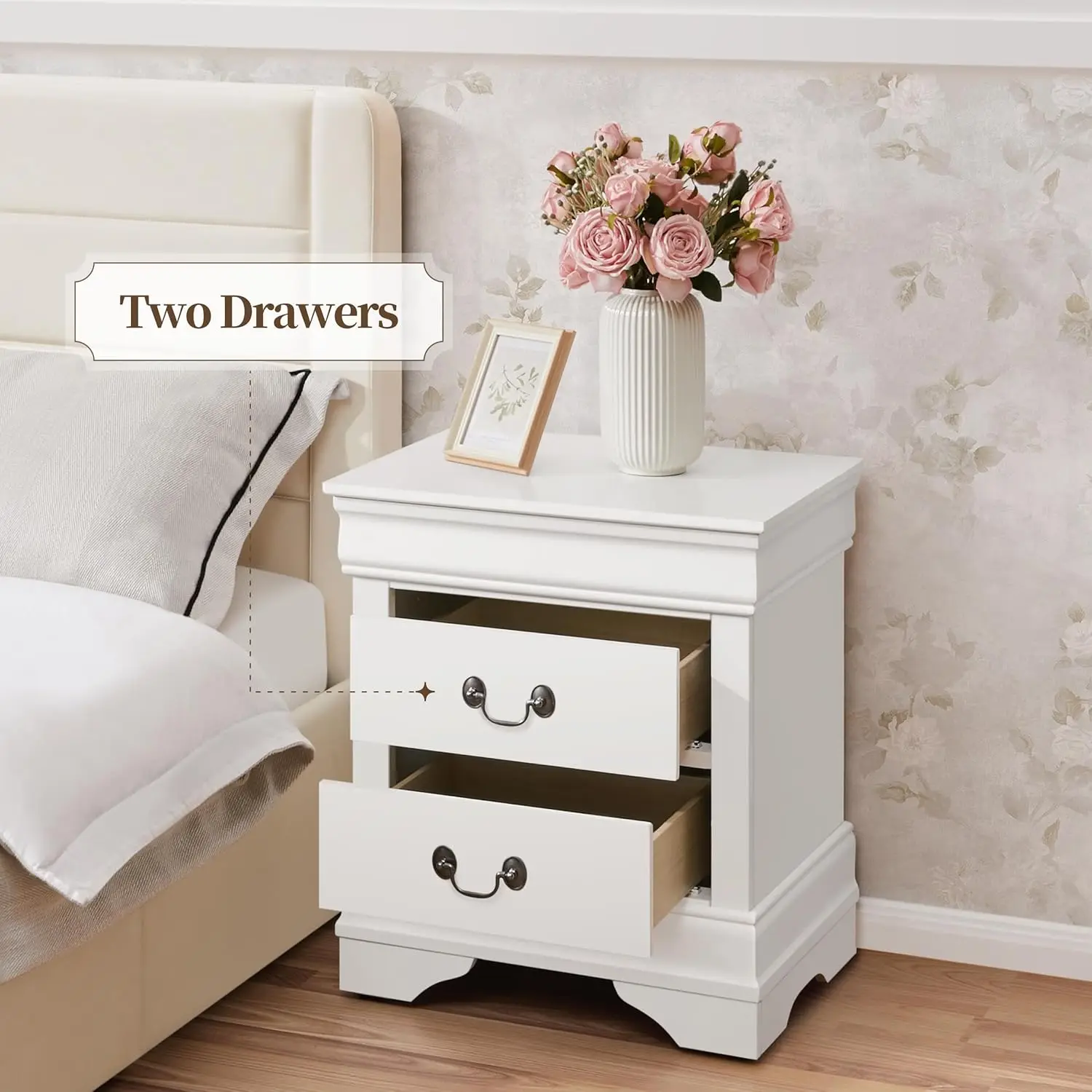 Fully-Assembled Nightstands Set of 2, 2-Drawer Nightstands Large Classic Bedside Tables with Storage