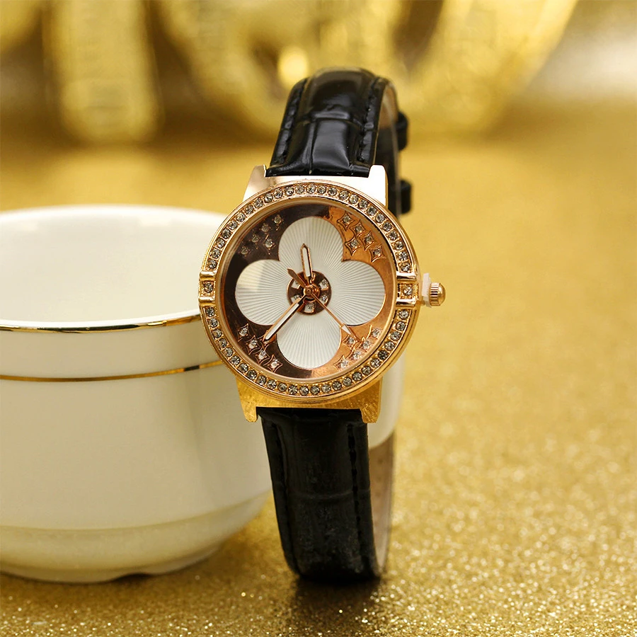 أزياء النساء اللباس الساعات عارضة أربع أوراق البرسيم السيدات لامعة بو حلقة من جلد كوارتز ساعة Reloj Mujer الفتيات على مدار الساعة هدية #3