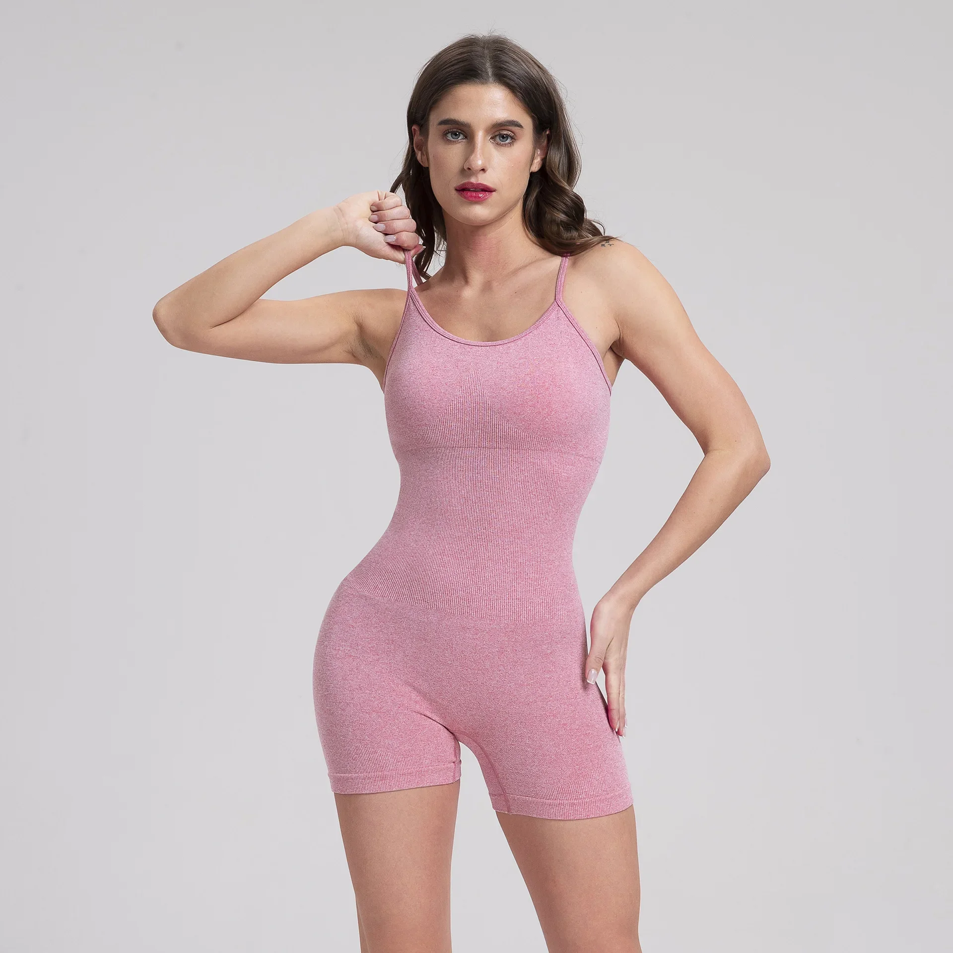 Seamless Pink Bodysuits Shapewear Yoga One Piece Topless Short Jumpsuit Fitness Women Sport Yoga Rompers Short Gym Workout Set