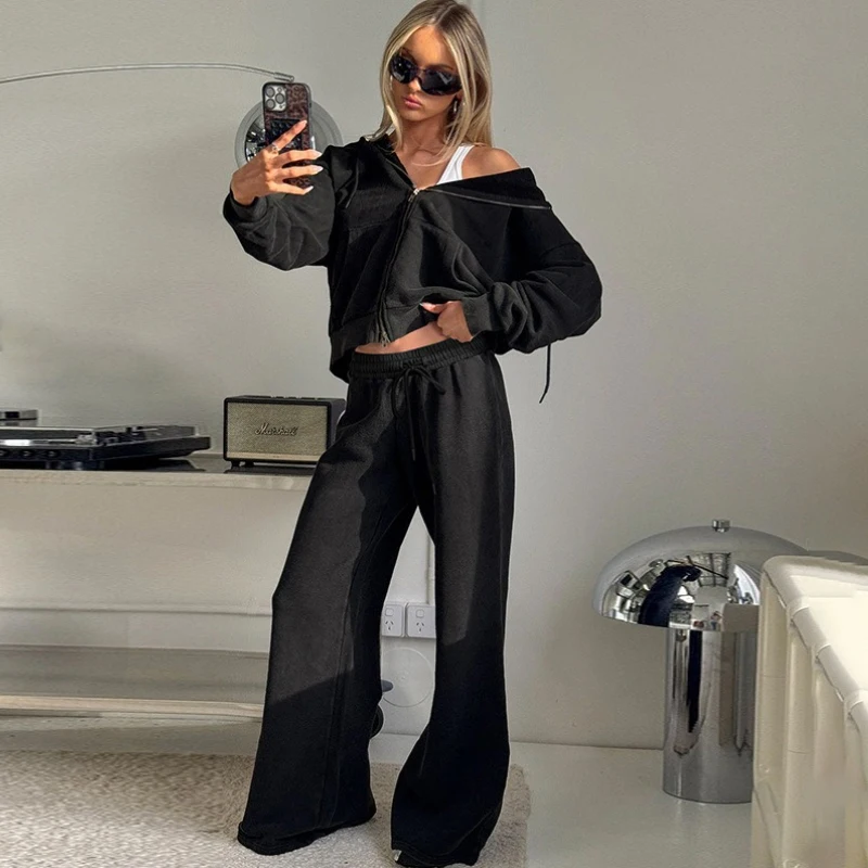 

TARUXY Casual Hooded Sweatshirt Long Pants Suit Women's Fashion Zipper Slim Coat With Drawstring Loose Pants Female Suits Autumn