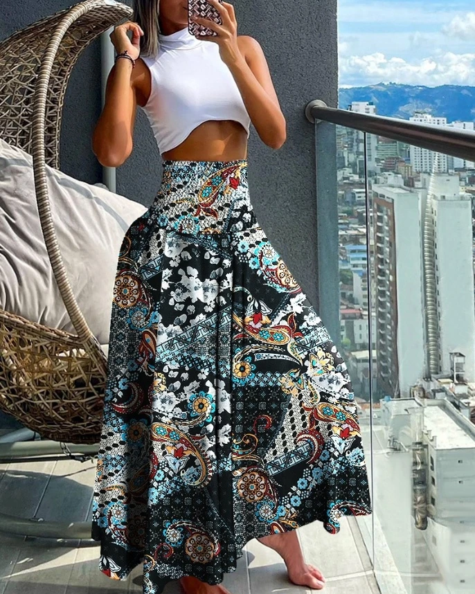 Calça feminina de pernas largas, calça casual de férias, estampa floral tribal boho vintage, mais recente, primavera, verão, 2022