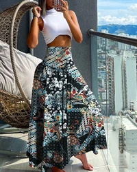 Damskie spodnie wakacyjne 2024 wiosna/lato najnowsze Casual Vintage Boho Tribal kwiatowy Print wysokiej talii marszczone spodnie z szerokimi nogawkami