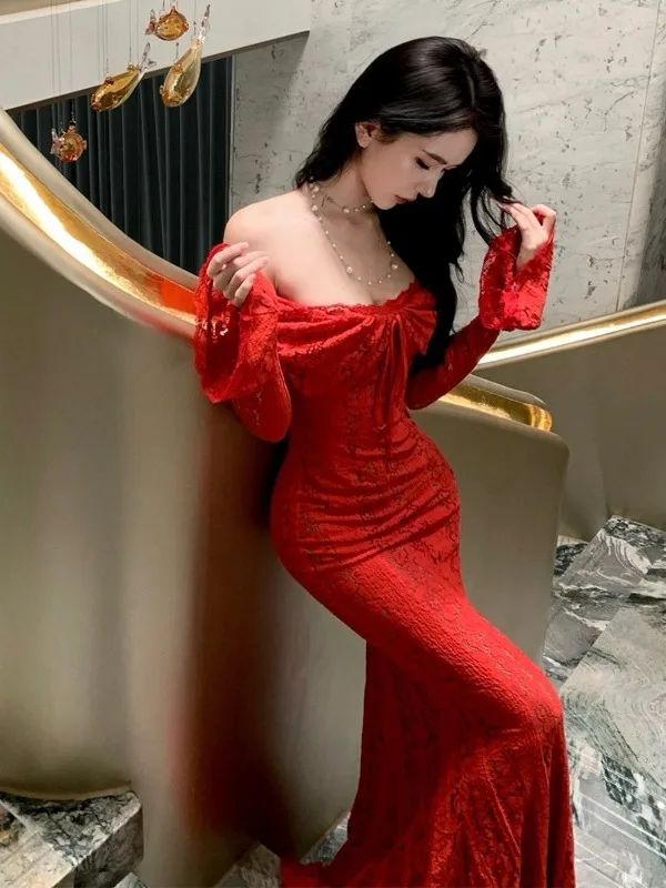 Feminino elegante vestido de noite de renda vermelha crochê recorte fora do ombro bodycon sereia vestido harajuku luxo festa de formatura vestidos robe