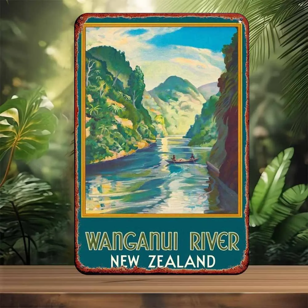 Scenic Tin Painting of The Whanganui River in New Zealand Suitable for Bedroom, Bar, Garage, And Garden Outdoor Decoration