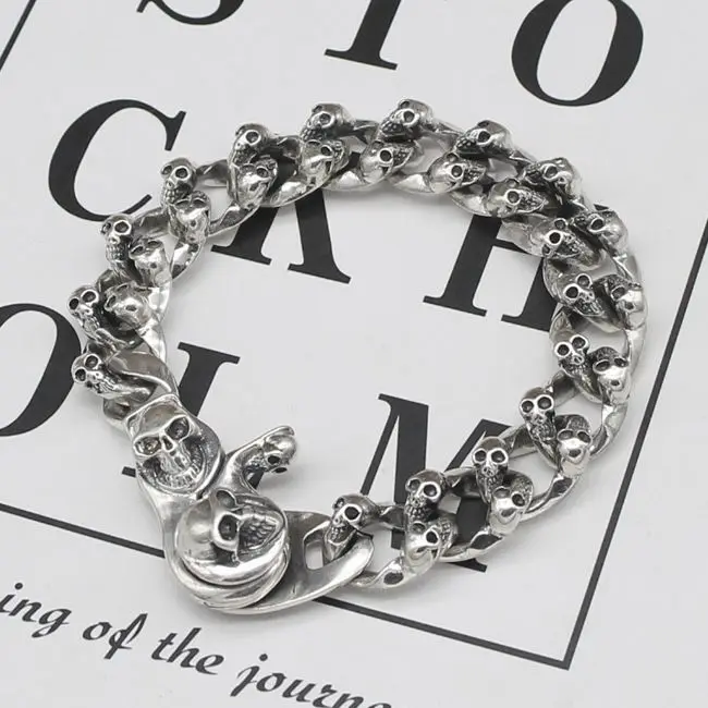 S925 Sterling Silver Aggressive Punk Skull Tank Bracelet Vintage Fashion Personality Trendy Men's INS New Cuban Product