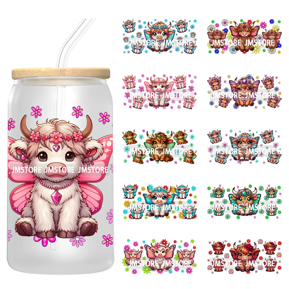 

Baby Highland Cow Floral Flowers Butterflies 16OZ UV Cup Wrap DTF Transfer Stickers Waterproof For Libbey Glass Can Cups Tumbler