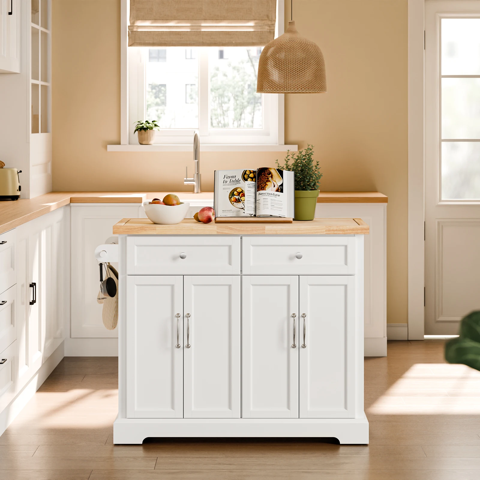 SoBuy FKW71-III-WN Carro de Cocina con Ruedas - Isla de Cocina Rodante con Encimera Extensible, 2 Cajones y Estantes Ajustables - Mueble Auxiliar de Almacenamiento para Cocina, Blanco 115x(46-71)x92cm