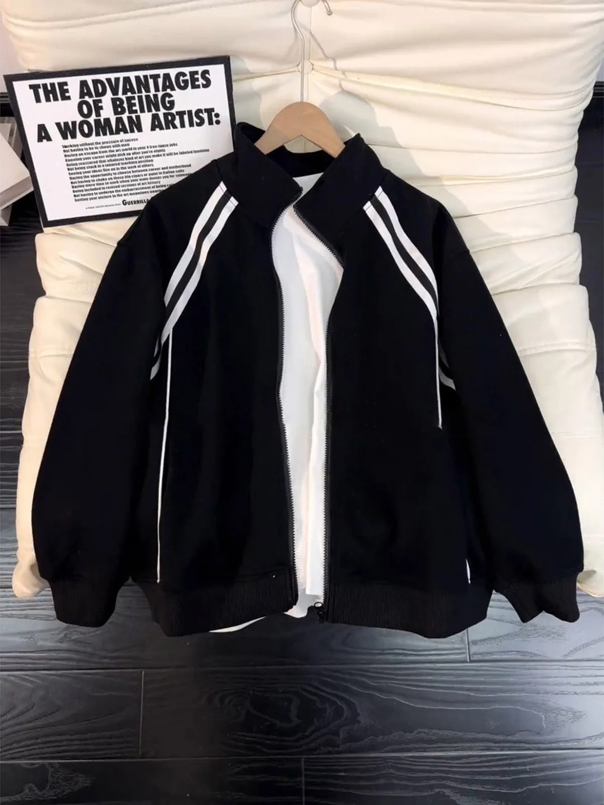 

Толстовка-кардиган Heavyweight Bla с полосатыми вставками и воротником-стойкой, весенний открытый кардиган в американском повседневном спортивном стиле