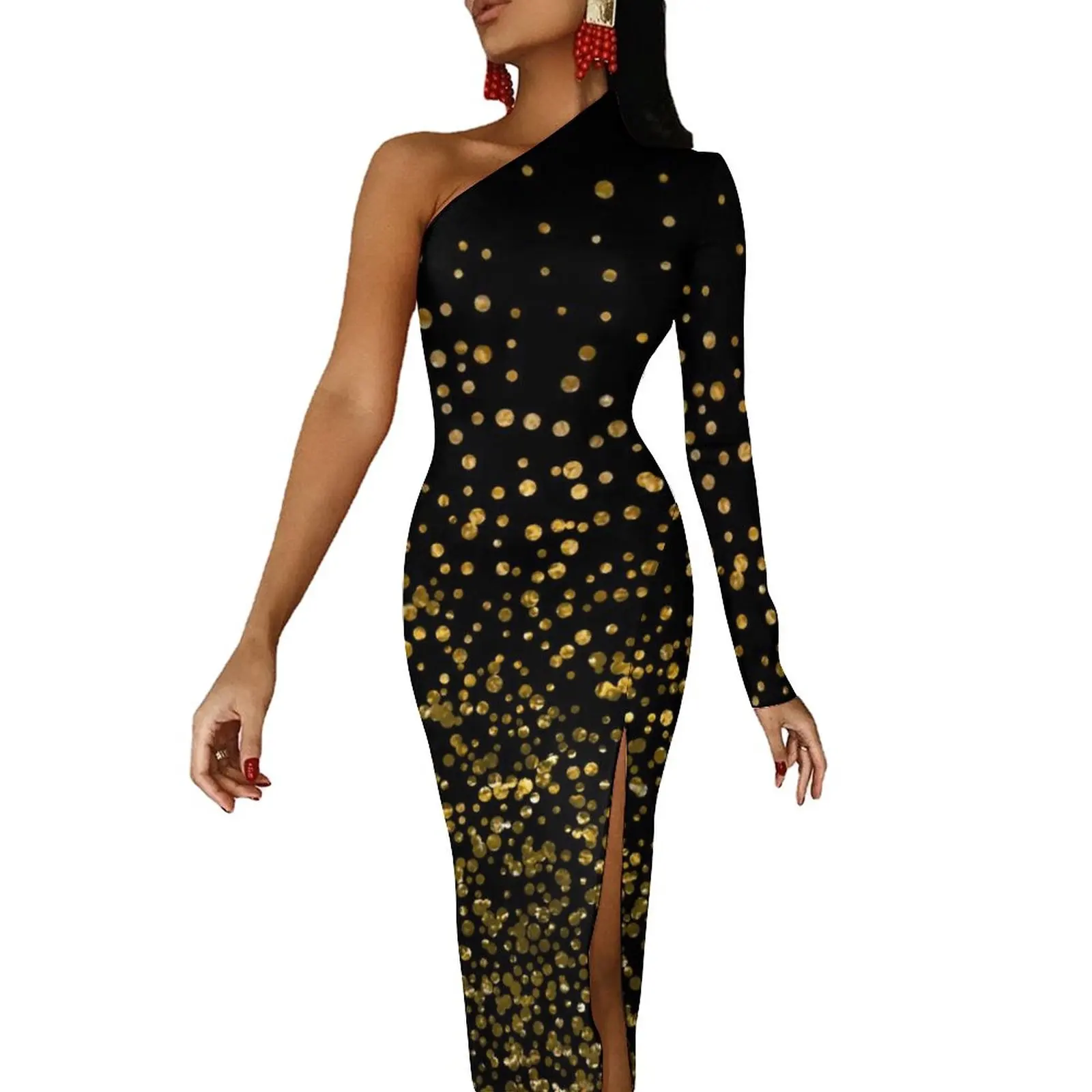 Gold Dot Long Dress Woman Vintage Print Aesthetic Maxi Dress Autumn Elegant Bodycon Dresses Side Split Design Clothes