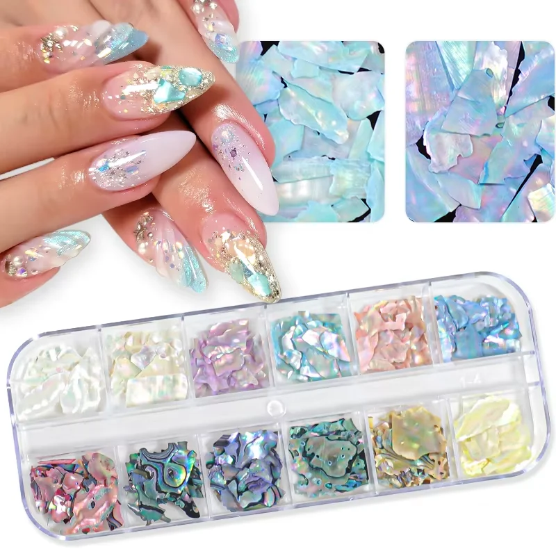 

12 ячеек, натуральный морской ракушки, камень, украшение для ногтей, 3D нестандартные кусочки, фрагменты, хлопья гвоздь Charms, аксессуары для маникюра