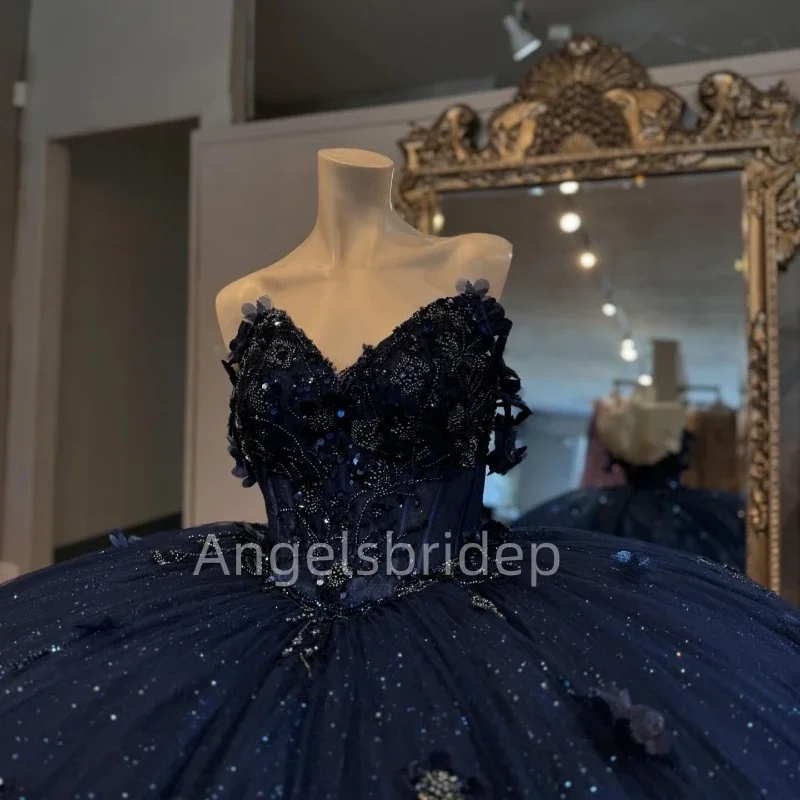 Angelsbride Customized Glitter Tulle Navy Blue Ball Gown Quinceanera Dresses Vestidos De 15 Quinceañera Princess Party Dress