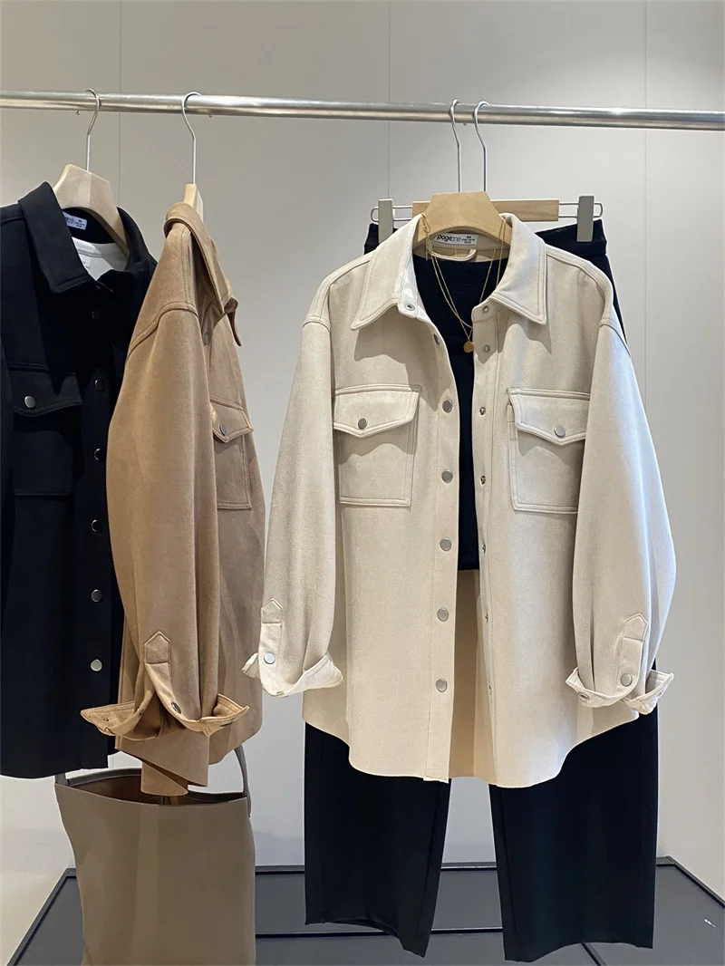 

Casual Loose Long Sleeve Suede Shirt Single Button Versatile All-Match High-End Feeling Women's Premium Quality Boxed Goods