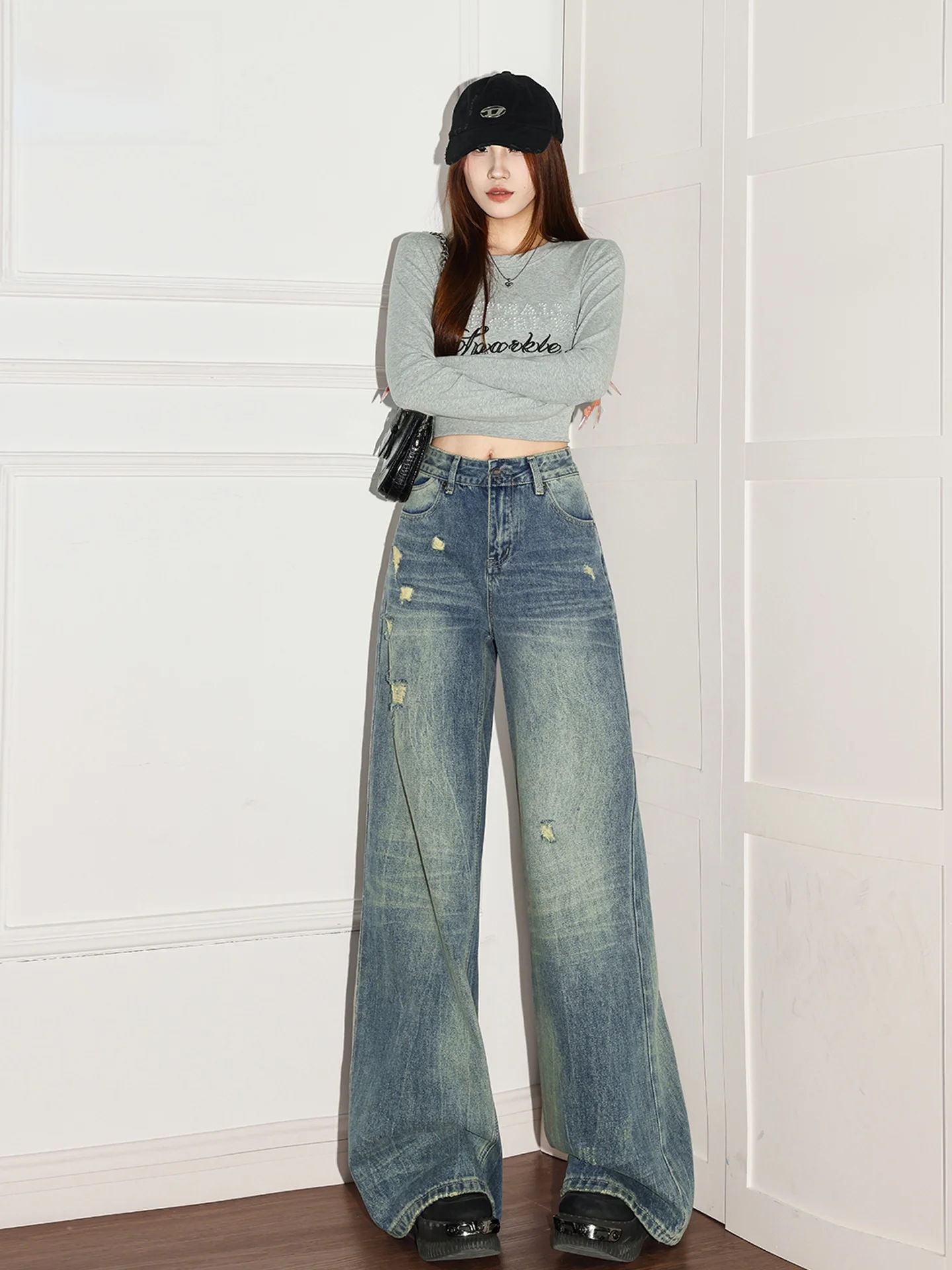 

Рваные джинсы синего цвета с широкими штанинами для женщин, летние модные свободные брюки в пол, американский стиль, эффект потертости