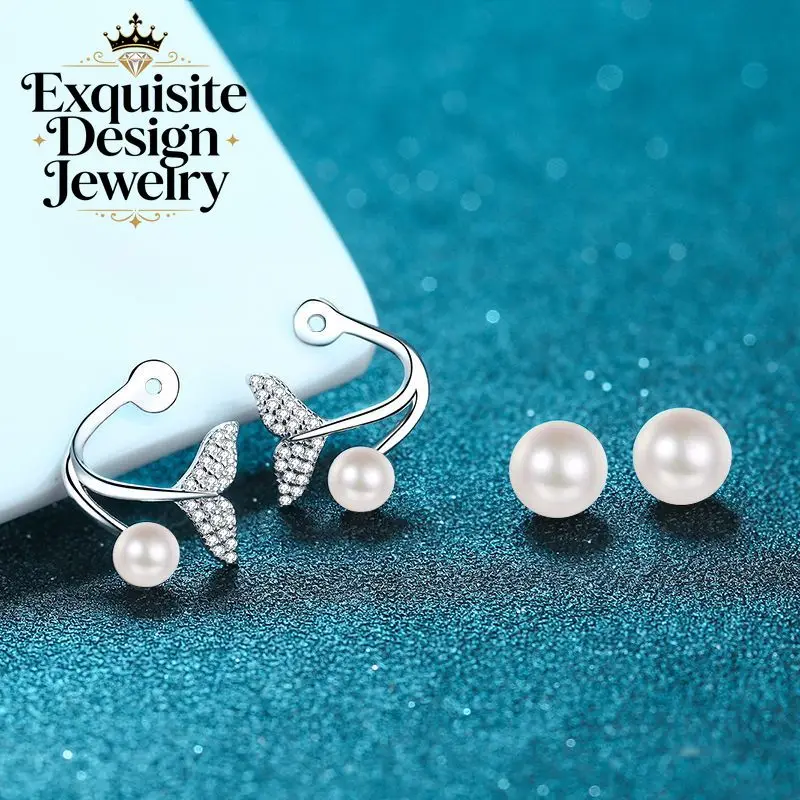 Exquisite Platinum PT950 Dazzling Mermaid Tail Two-wearing Style Earrings, Freshwater Pearl and Scattered Moissanite Studs