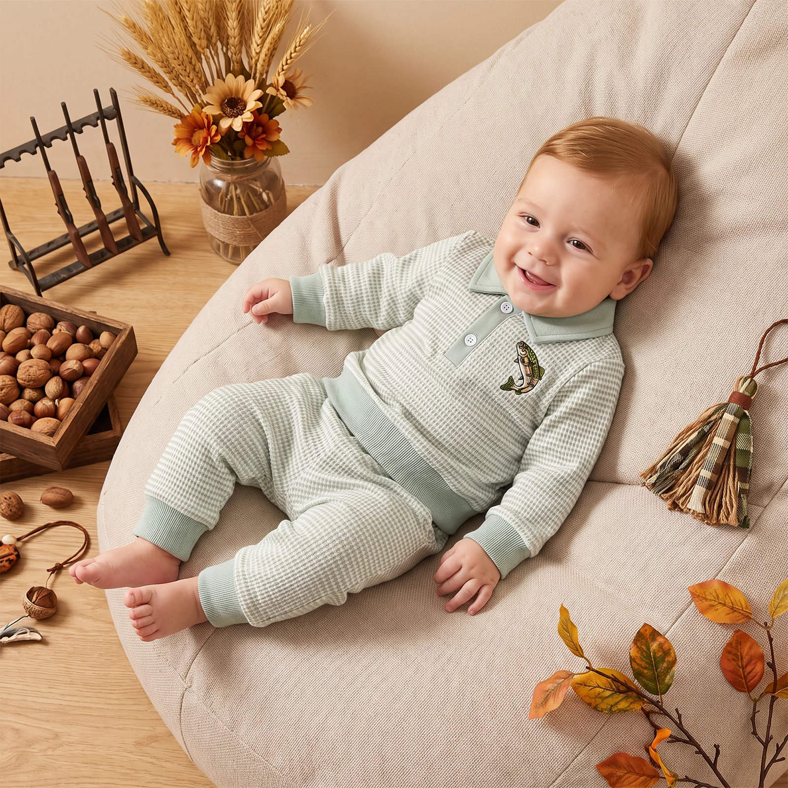 Boys 2 PCS Waffle Sets Long Sleeve Lapel Button Up Striped Sweatshirt Pants
