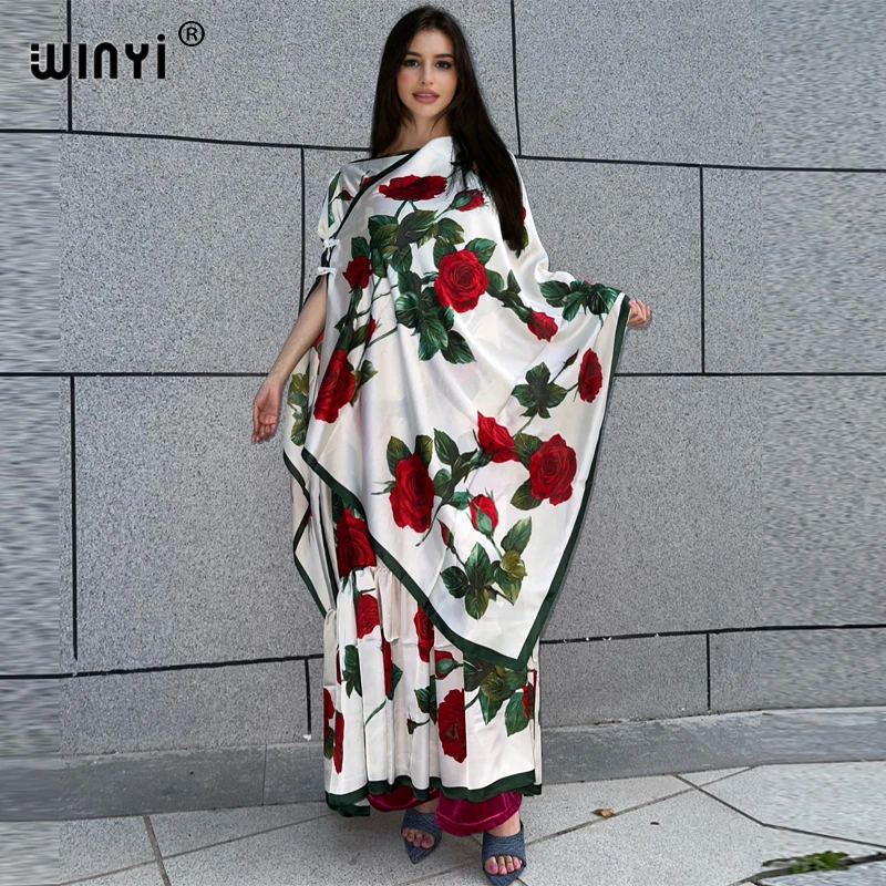 WINYI summer Elegant Fashion evening dress abaya muslim woman abaya dubai luxury Female loose Print kaftan with scarf two pcs