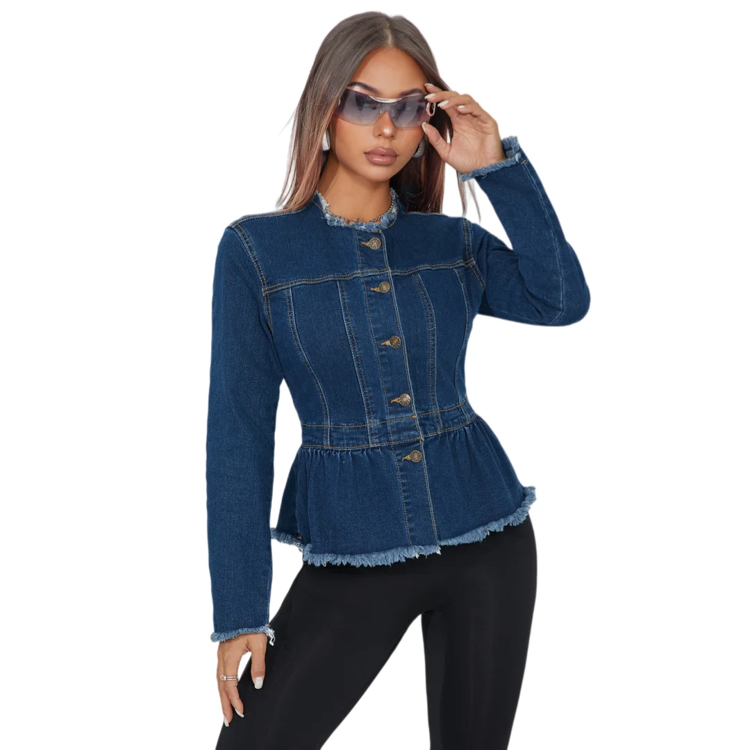 Women's Denim Jacket 2026 Spring Autumn Elegant Collarless Short Jacket Slim Waist Denim Coat With Umbrella Frayed Hem