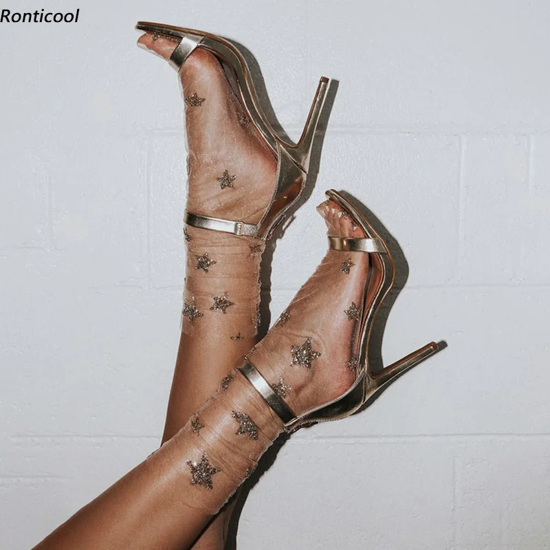 

Ronticool/Новые женские летние сандалии ручной работы с ремешком на щиколотке, на шпильке с открытым носком, великолепные модельные туфли цвета шампанского, размер США 5-15
