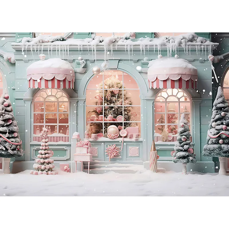 Christmas Tree Presents Flower Wreath Photography Backrops Window Pink House Door Anniversary New Year Photo Background DRG-09