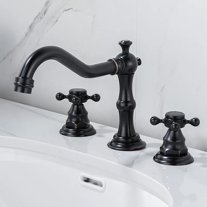 Tuqiu Antique Basin Faucet Brass Gold Bathroom Faucet Chrome Sink Faucet 3 Hole Double Handle Hot & Cold Wash Faucet Water Tap