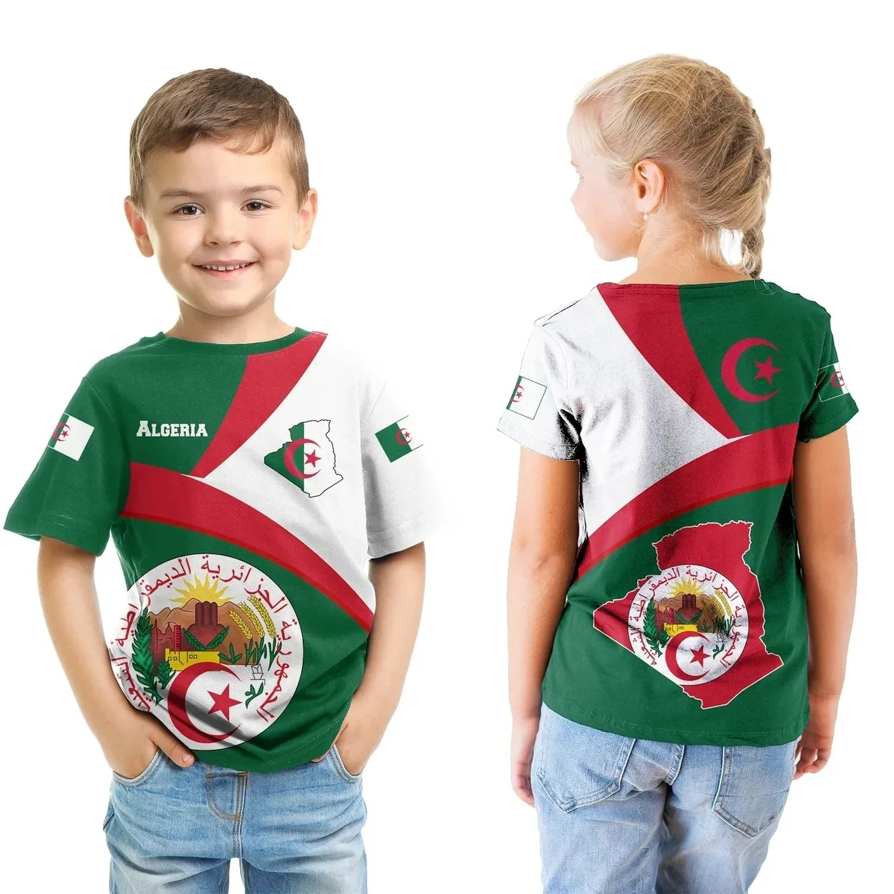 Algeria T Shirt Kids Algeria Flag Maps Green 3D Printed T-shirt Boy/Girl Printed funny Top Short Sleeve Tshirts kids