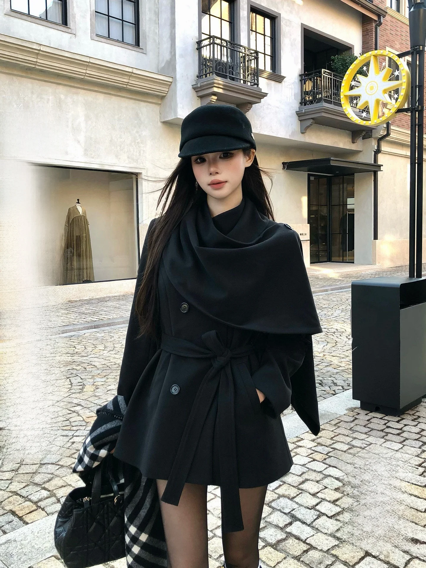 

Ele Winter Cowl Ne Wrap Coat Women's Slim Fit Lazy Sle Outerwear Polyester Fiber Long Sve round Collar Mid-Length