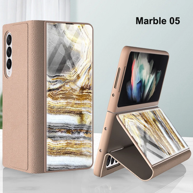 for Samsung Galaxy Z Fold 4 3 5G Case Luxury Marble Glass Leather Flip Cover for Galaxy Z Flold3 Full Protect Kickstand Funda